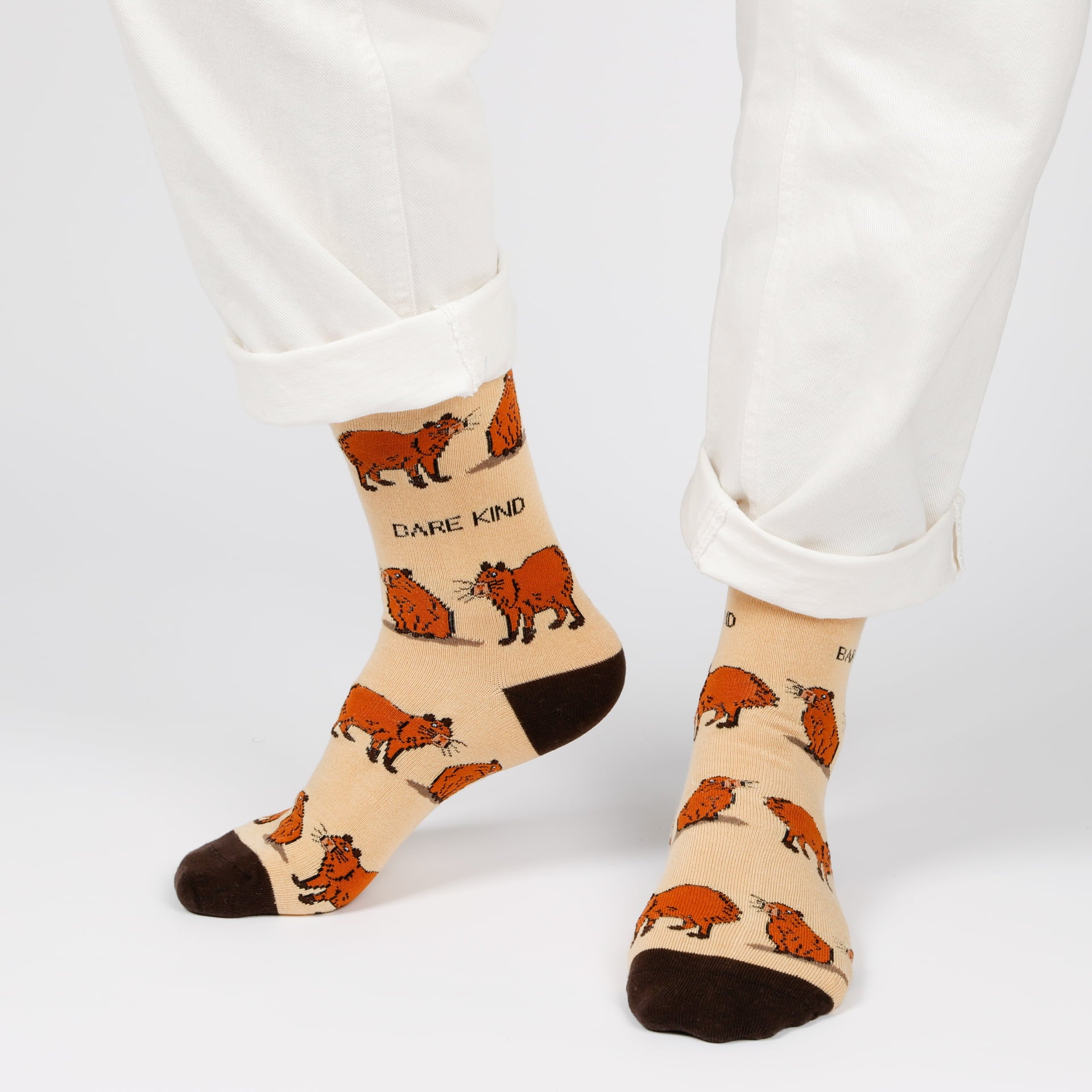 model wearing brown capybara bamboo socks