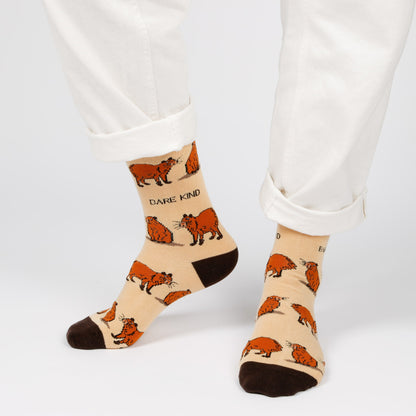 model wearing capybara bamboo socks