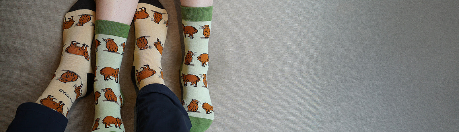 Two pairs of socks with capybaras patterns on a neutral background