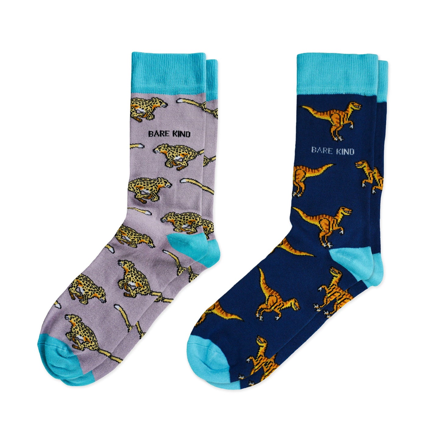 Flat lays of Bare Kind bamboo socks in lilac cheetah design and bright blue raptor design