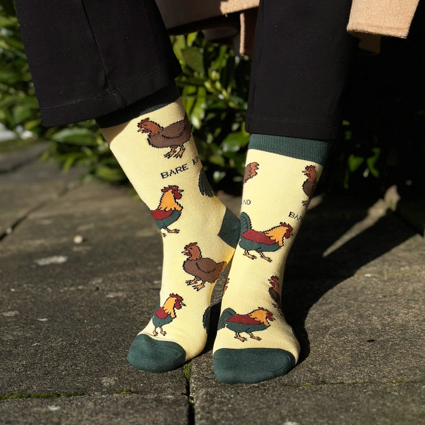 model wearing yellow chicken bamboo socks