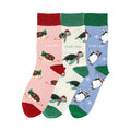 flat lays of christmas hedgehog, turtle and penguin bamboo socks