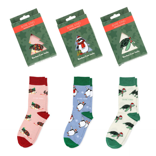 christmas baubles with christmas hedgehog, penguin and turtle bamboo socks