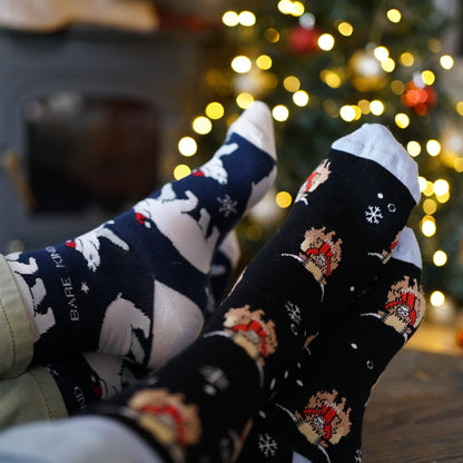 lifestyle image of models wearing christmas polar bear and highland cow bamboo socks in front of a christmas tree