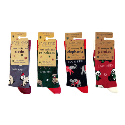 packaging flat lay image of christmas sloth, reinder, elephant and panda bamboo socks