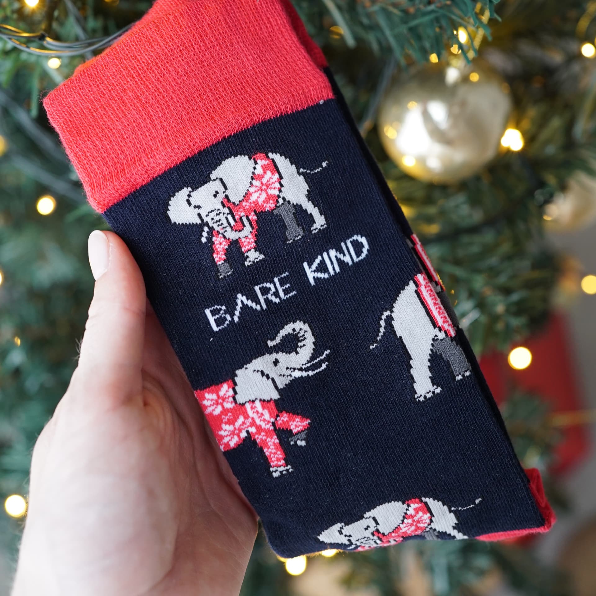 lifestyle image of model holding navy christmas elephant bamboo socks