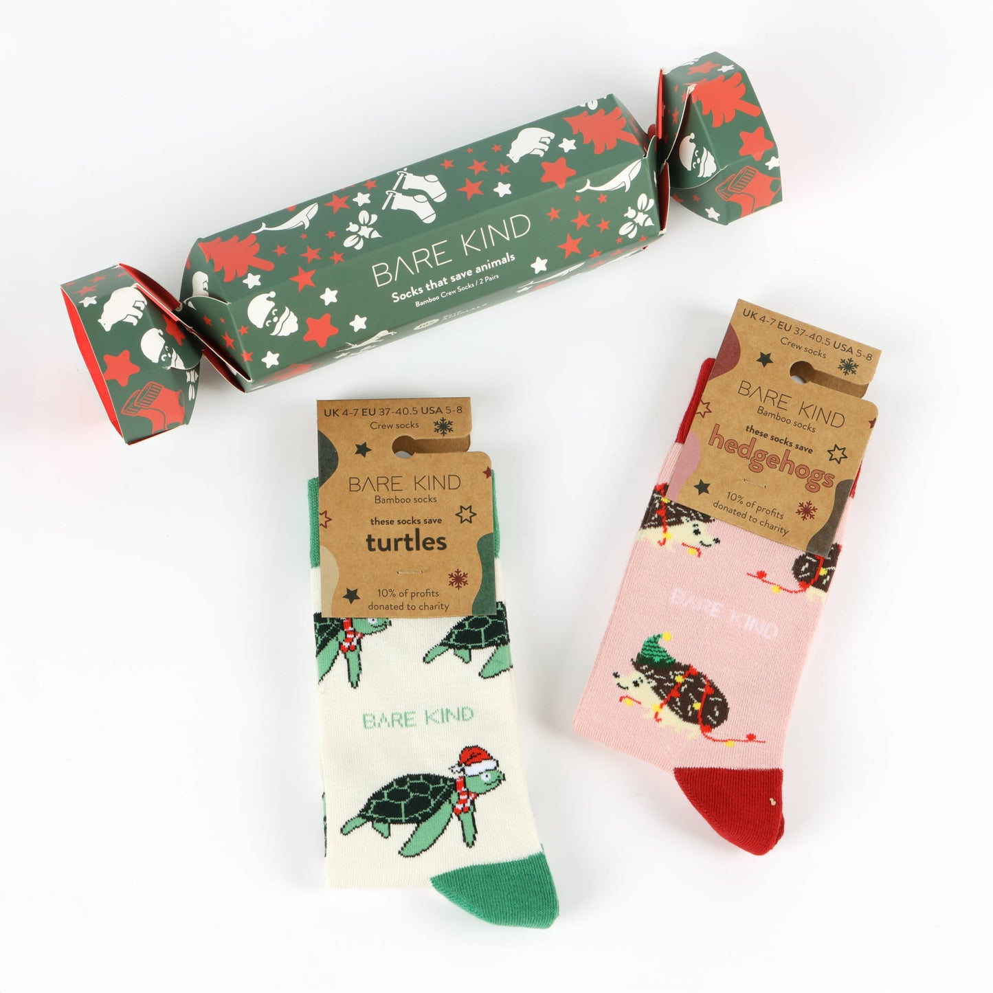 christmas crackers which includes pink red hedgehogs and cream green turtles bamboo socks