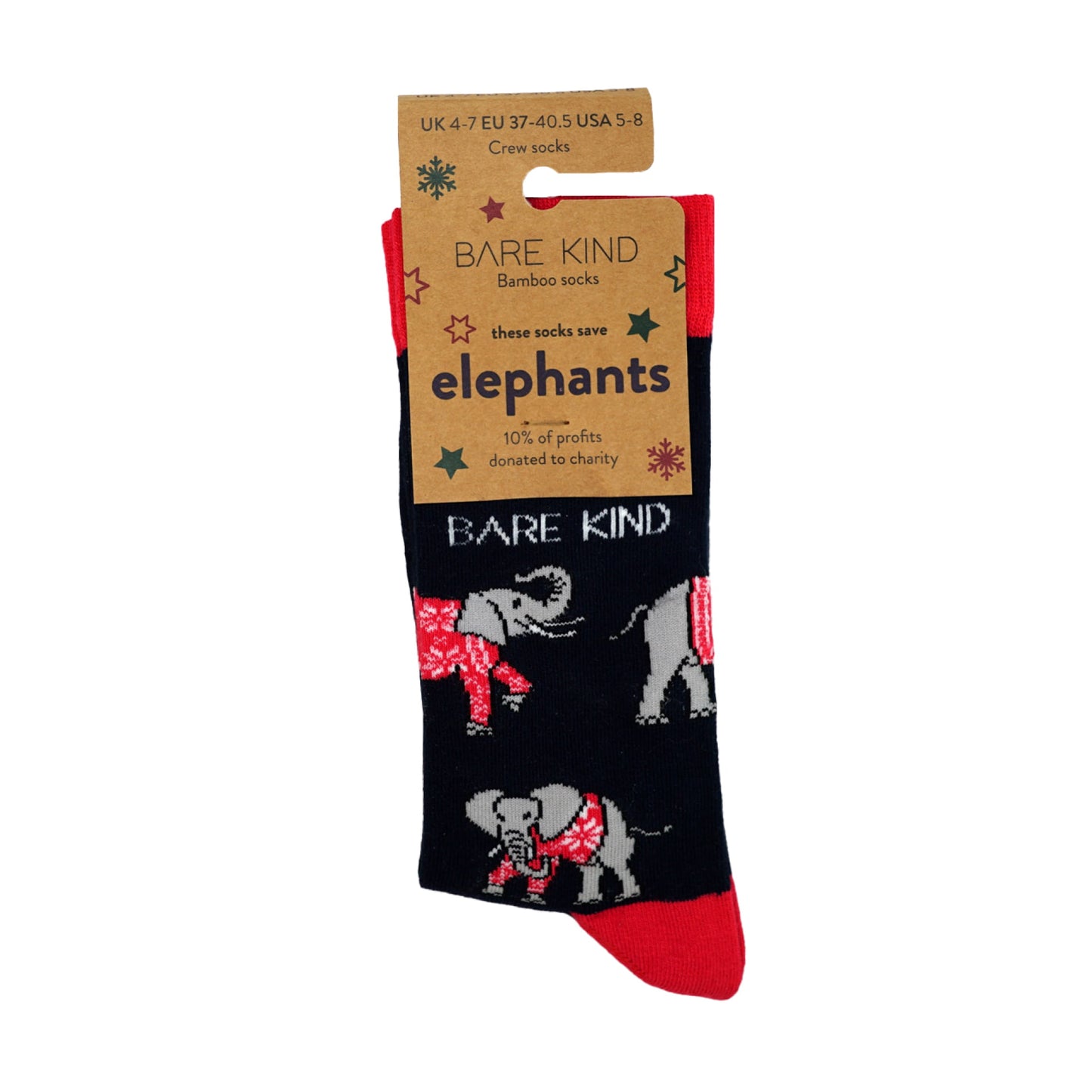 packaging flat lay of christmas elephant bamboo socks