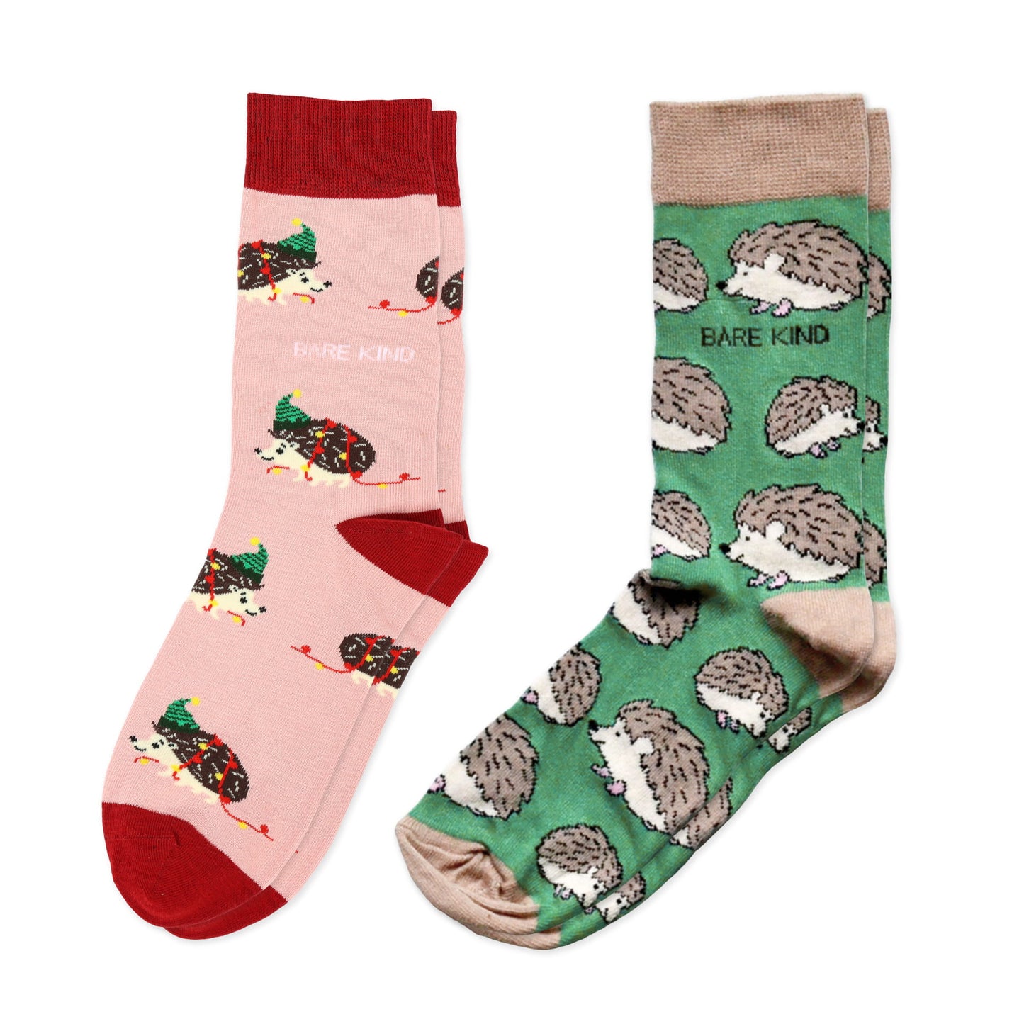 flat lays of green hedgehog and pink christmas hedghog bamboo socks