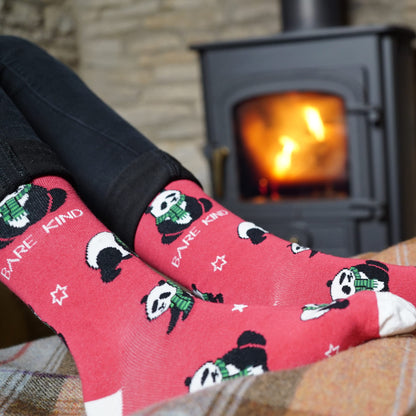 model wearing christmas panda bamboo socks