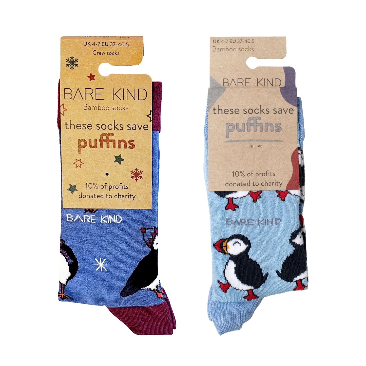 packagings of red blue Christmas puffin and blue puffin bamboo socks