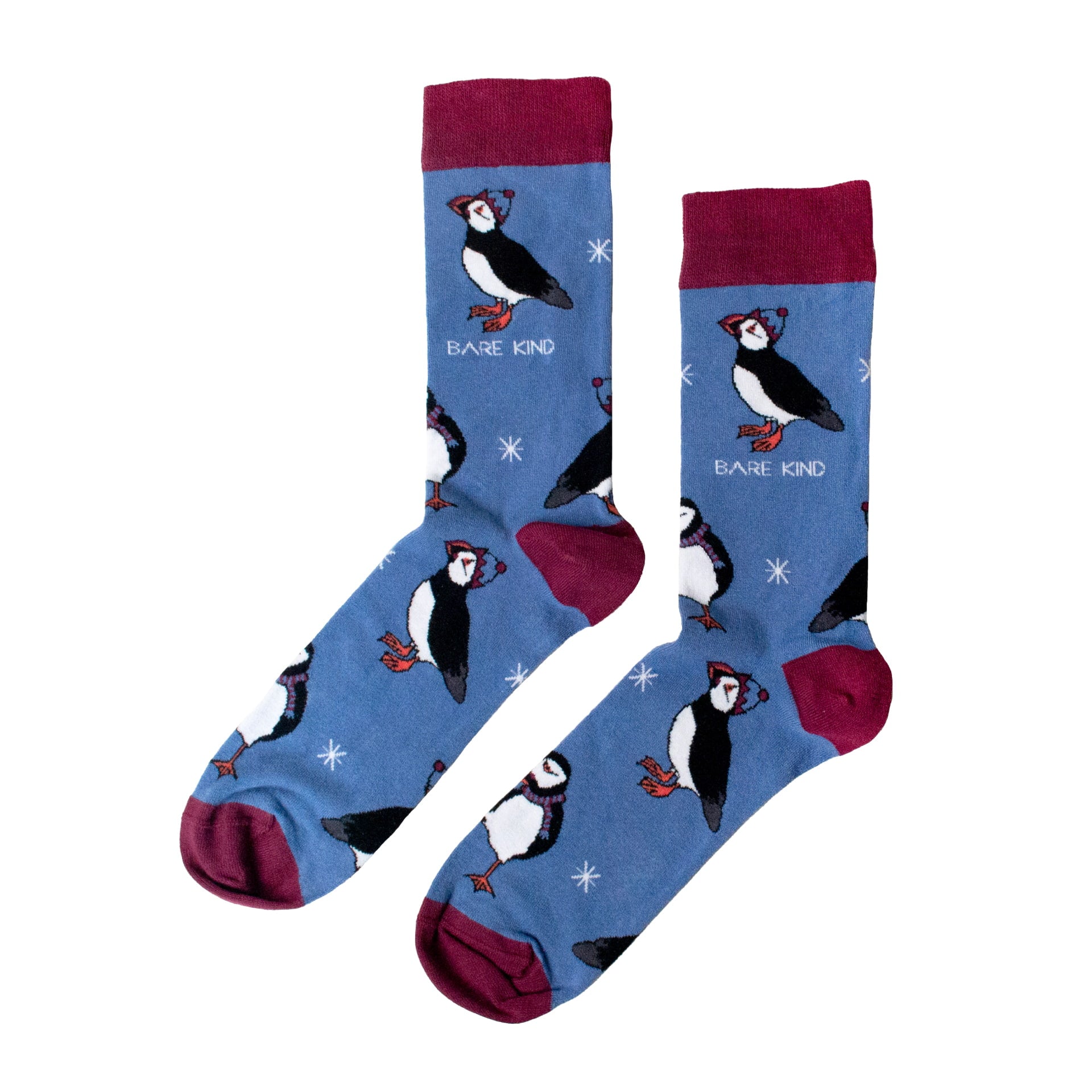 flat lay of blue christmas puffin bamboo socks