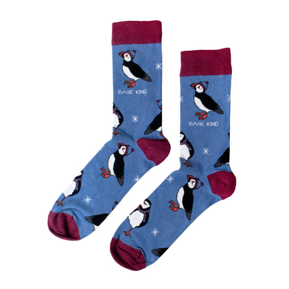 flat lay of blue christmas puffin bamboo socks