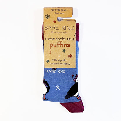 packaging flat lay of blue christmas puffin bamboo socks