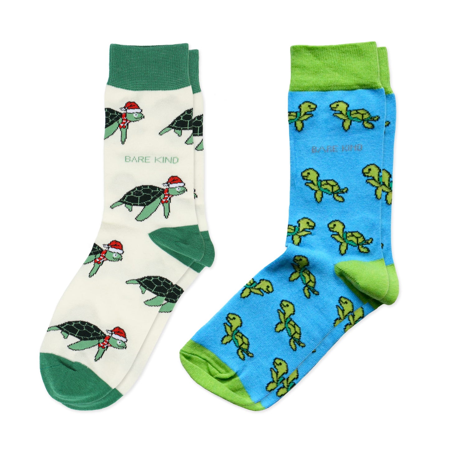 flat lays of blue turtle and cream christmas turtle bamboo socks