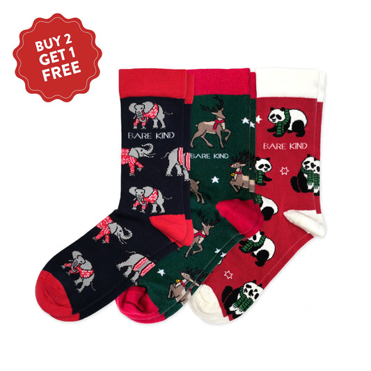 flat lays of elephant, reindeer, panda bamboo socks