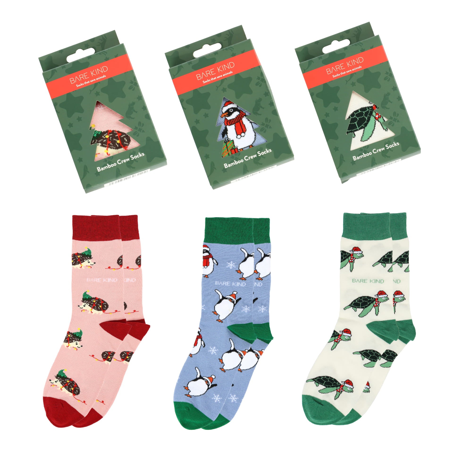 christmas baubles with christmas hedgehog, penguin and turtle bamboo socks