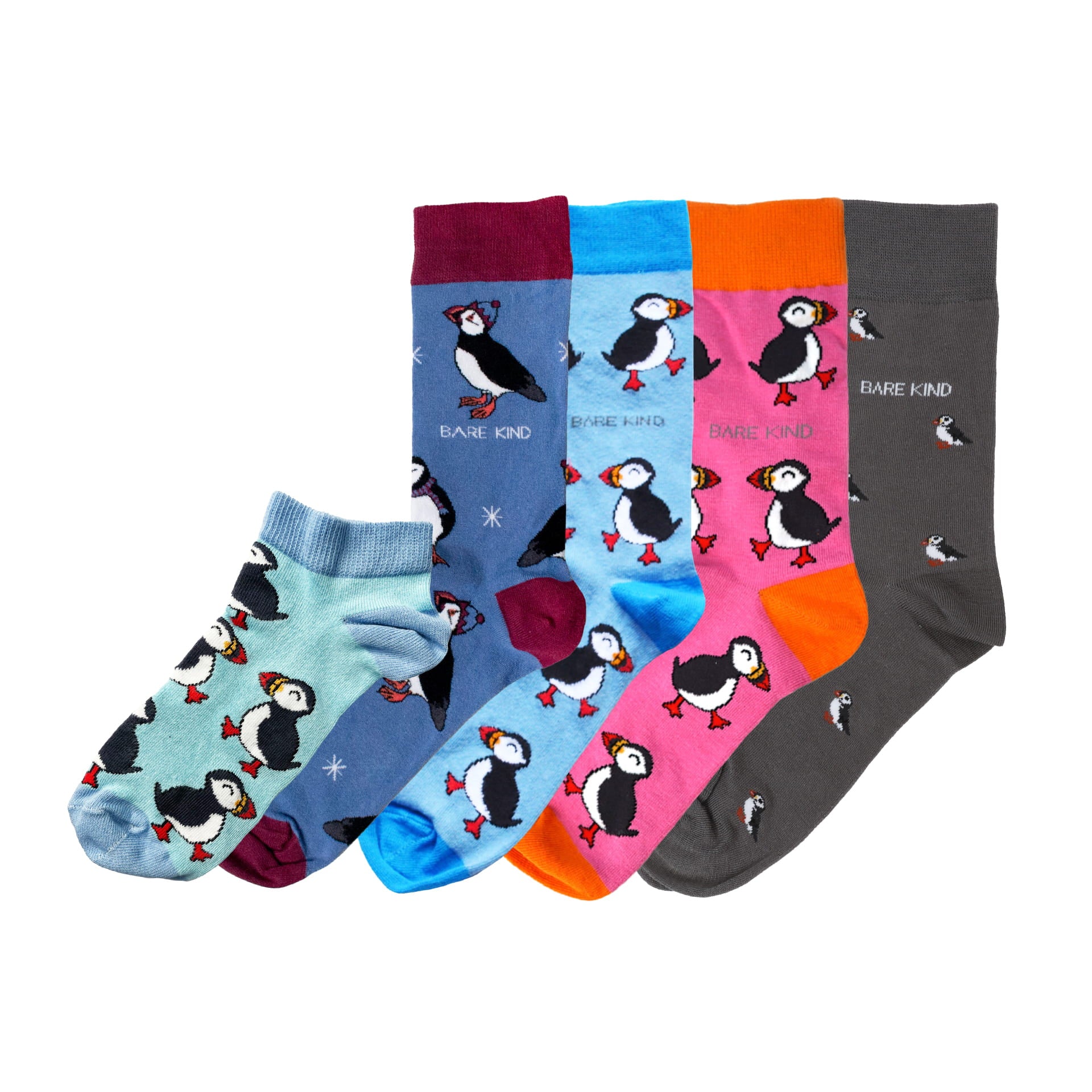 flat lays of blue, pink, grey, christmas puffin bamboo socks