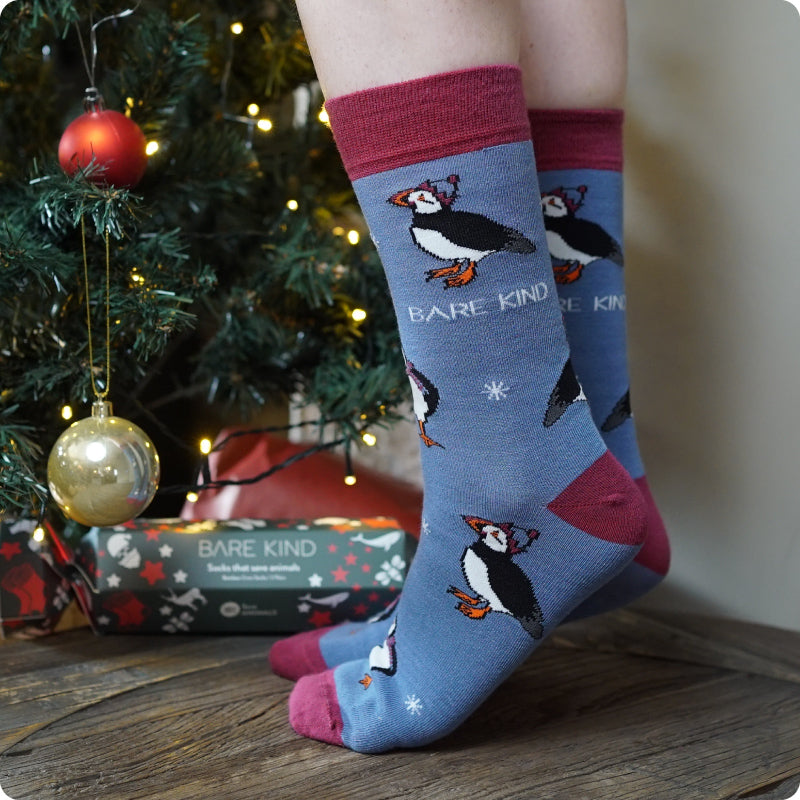 model wearing Bare Kind Christmas puffin bamboo socks