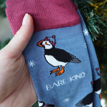 blue red Christmas puffin bamboo socks