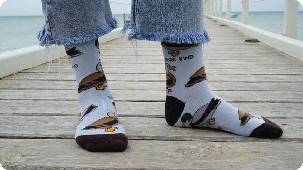 Person wearing ducks bamboo socks on a wooden pier by the water.