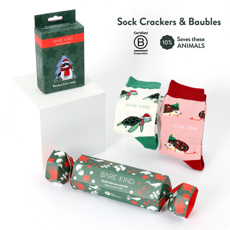 Bare Kind crackers and baubles with Christmas socks