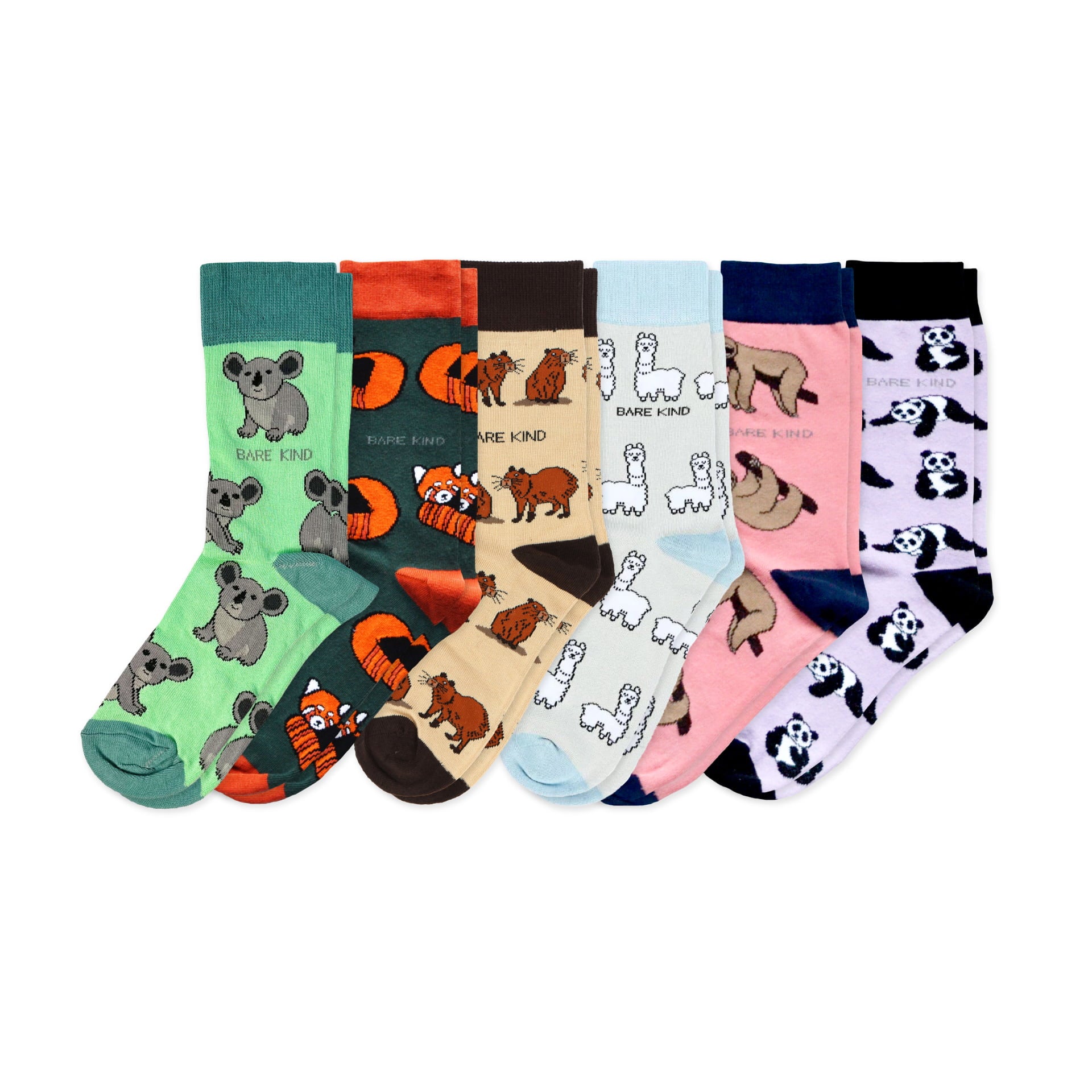 flat lays of green koala, green red panda, cream capybara, grey blue alpaca, pink sloth, purple panda bamboo socks