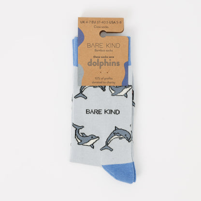 packaging flat lay of blue dolphin bamboo socks