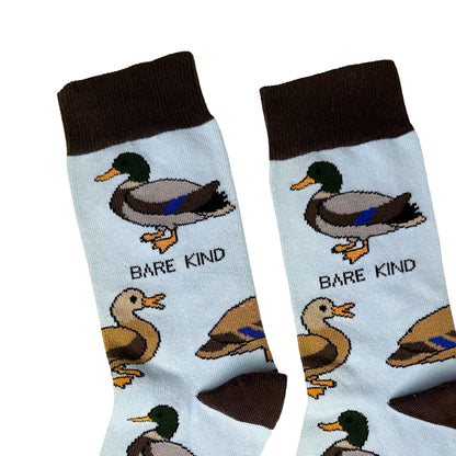 close up to flat lay of blue duck bamboo socks