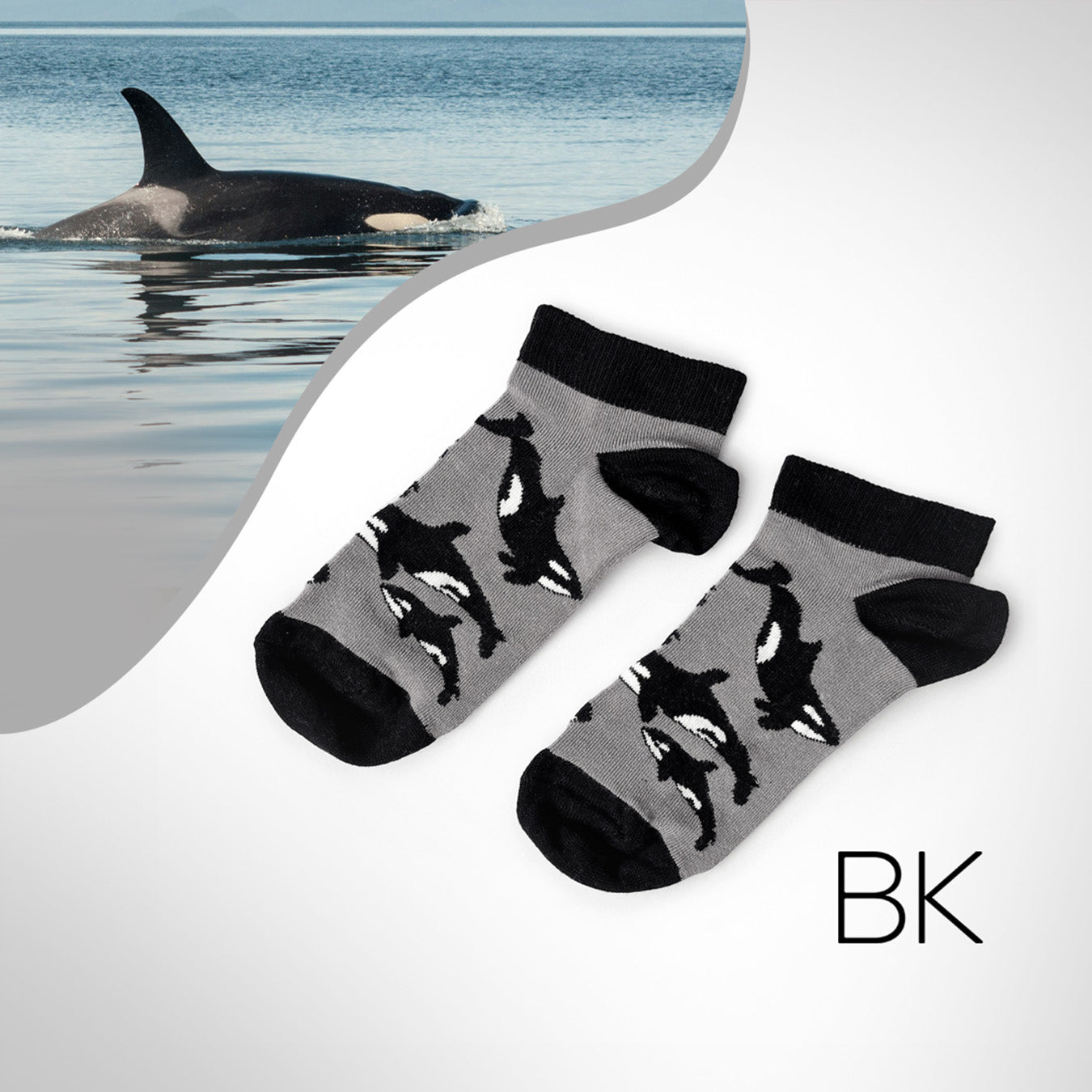 black and white orca trainer bamboo socks with orca imagery