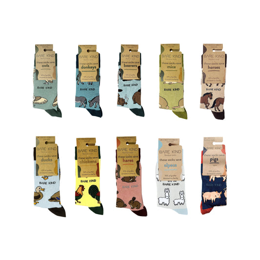 Bare Kind Farm 10 pack, owls, donkeys, beavers, mice, horses, ducks, chickens, hares, alpacas, pigs bamboo socks packaging