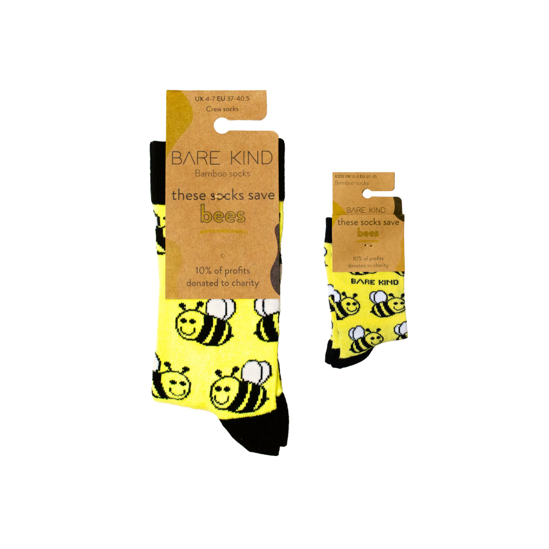 adult and kid size bamboo socks in 100% recyclable packaging