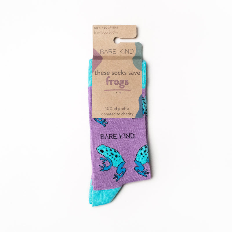 Purple frog bamboo socks packaging