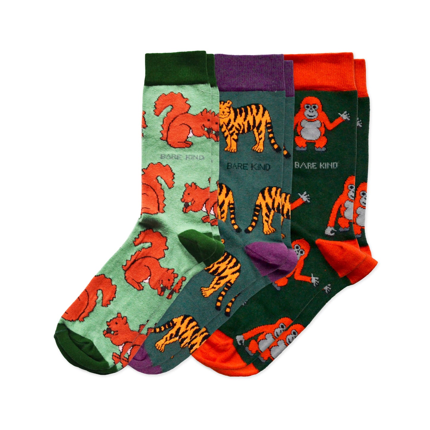 flat lays of green red squirrel, tiger and orangutan bamboo socks