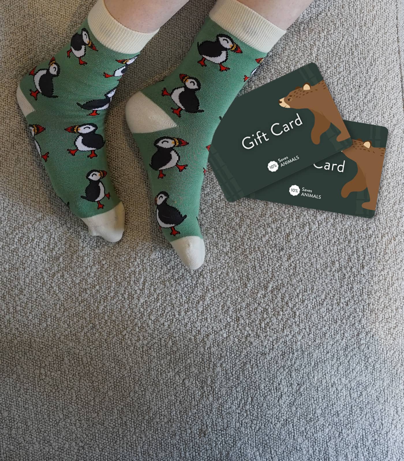 Person wearing green puffins bamboo socks