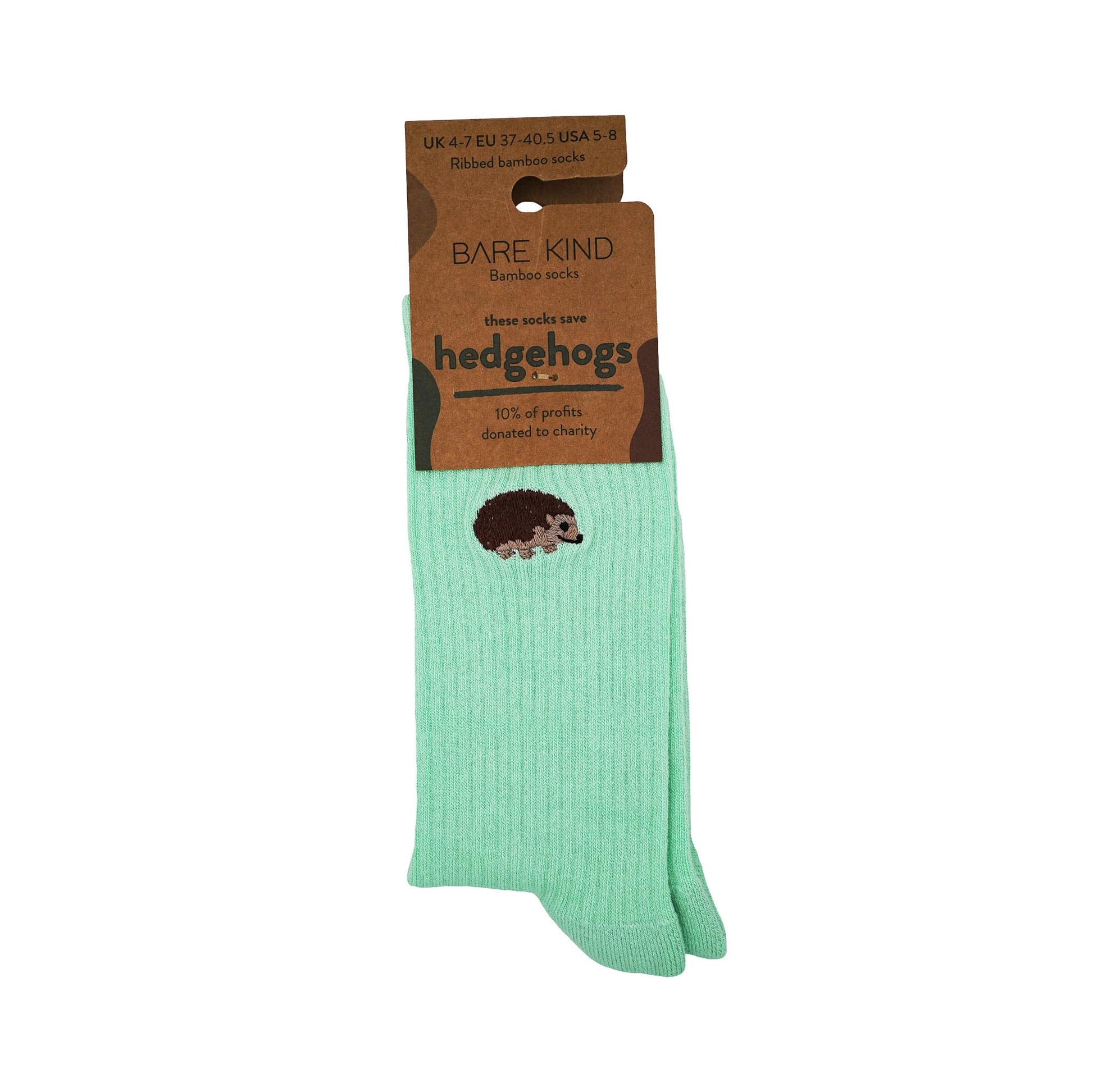 Packaging picture of pastel green ribbed socks with hedgehog motif design