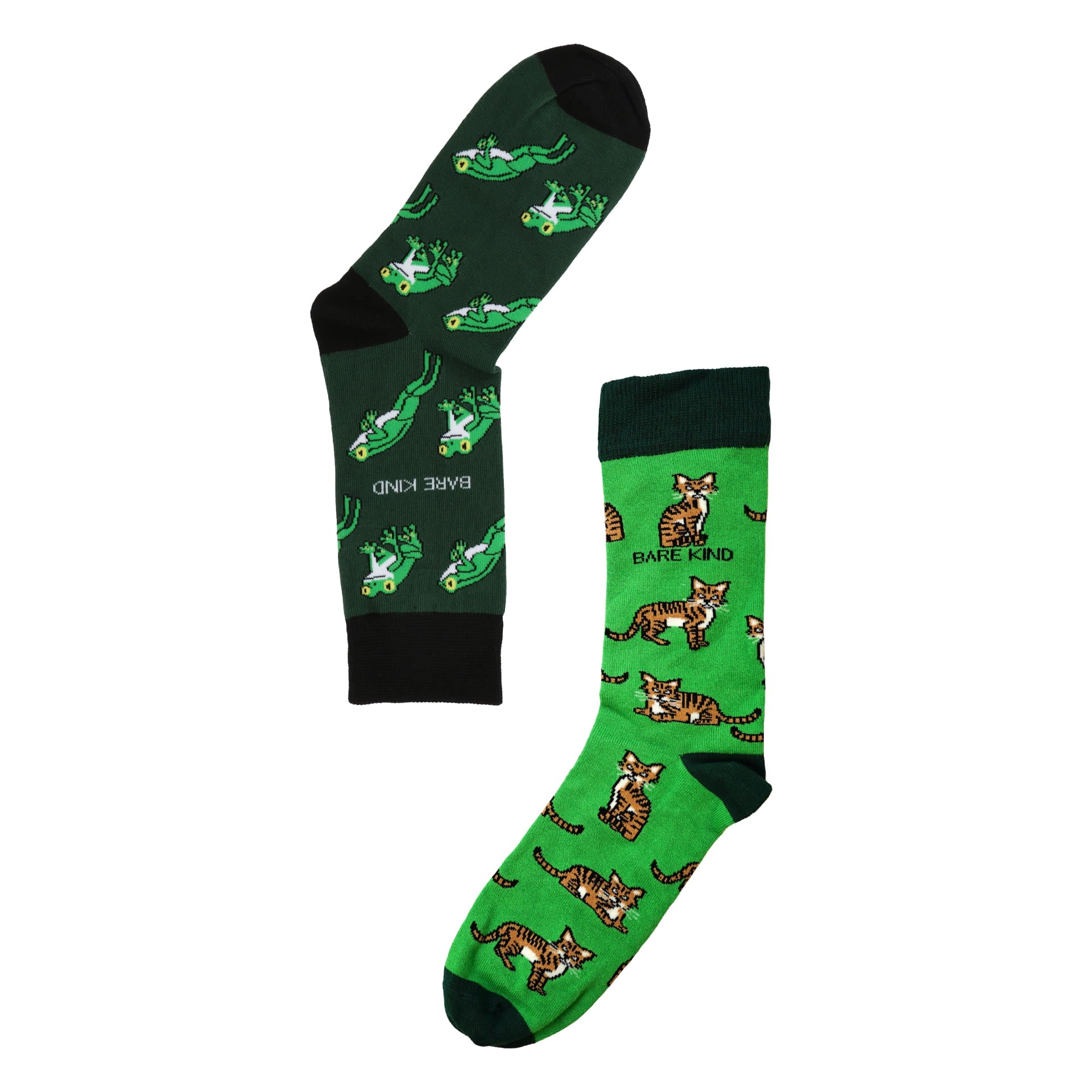 Flat lays of tree frog and wild cat bamboo socks