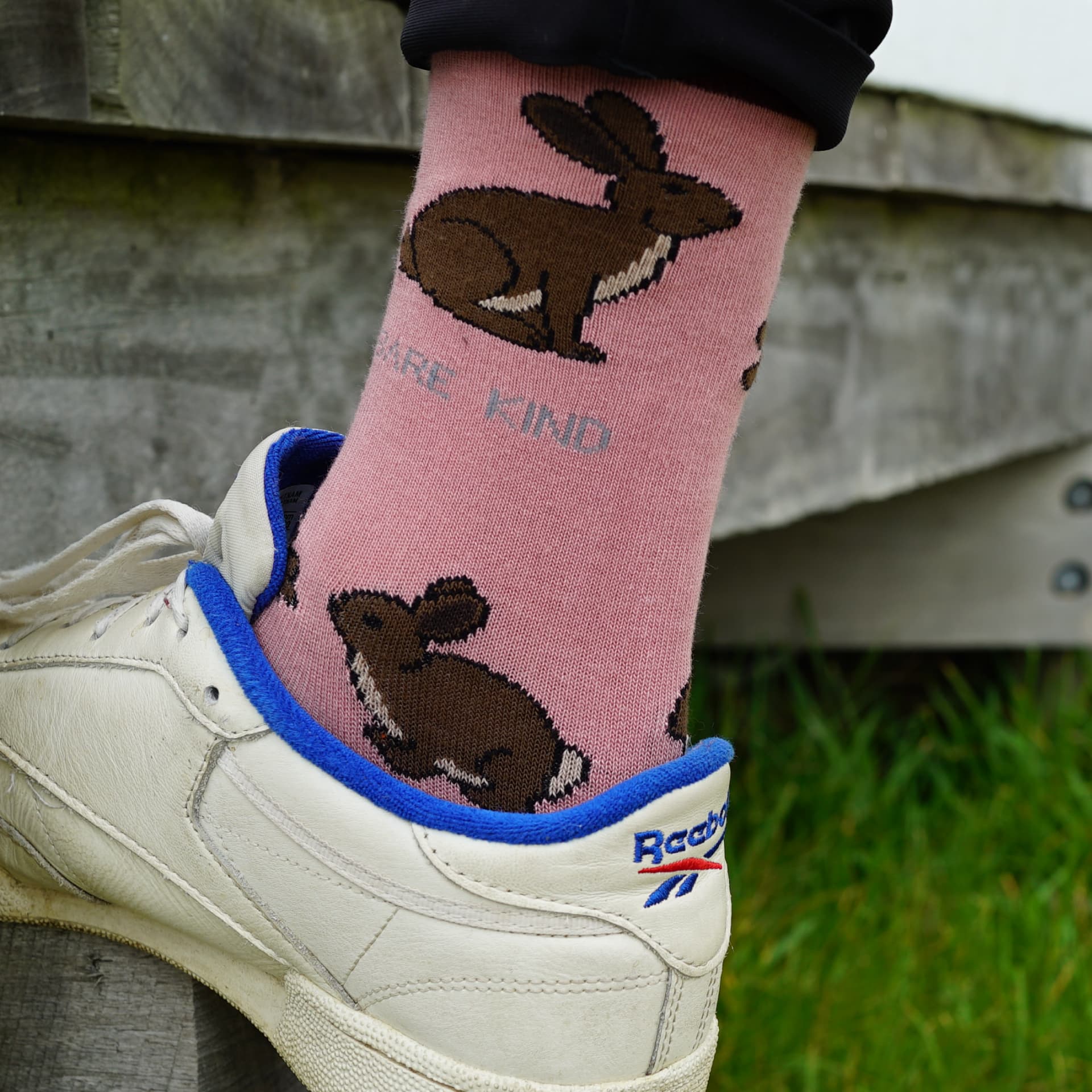 model wearing pink hares bamboo socks