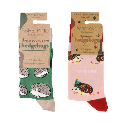 packaging flat lays of green hedgehog and pink christmas hedgehog bamboo socks