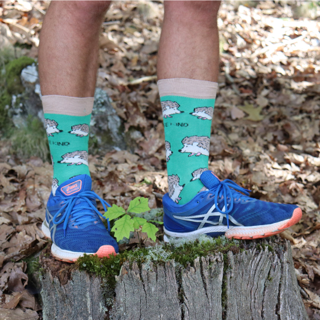 Model wearing hedgehogs bamboo socks