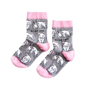 flat lay of grey and pink rabbit bamboo socks for kids