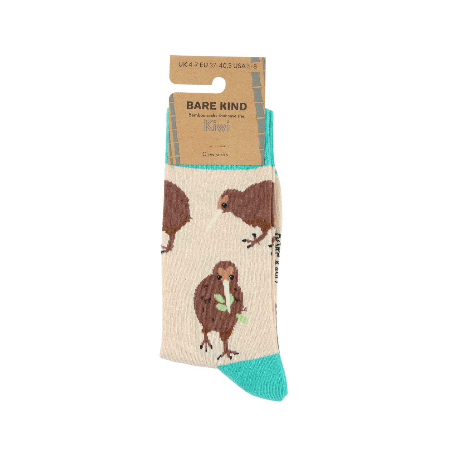 Beige sock with brown animal design and green accents, featuring 'Bare Kind' packaging.