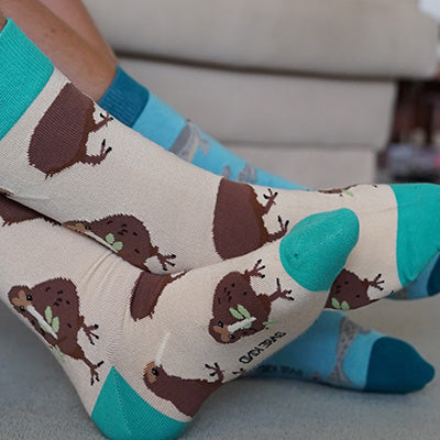Model wearing Kiwi Socks