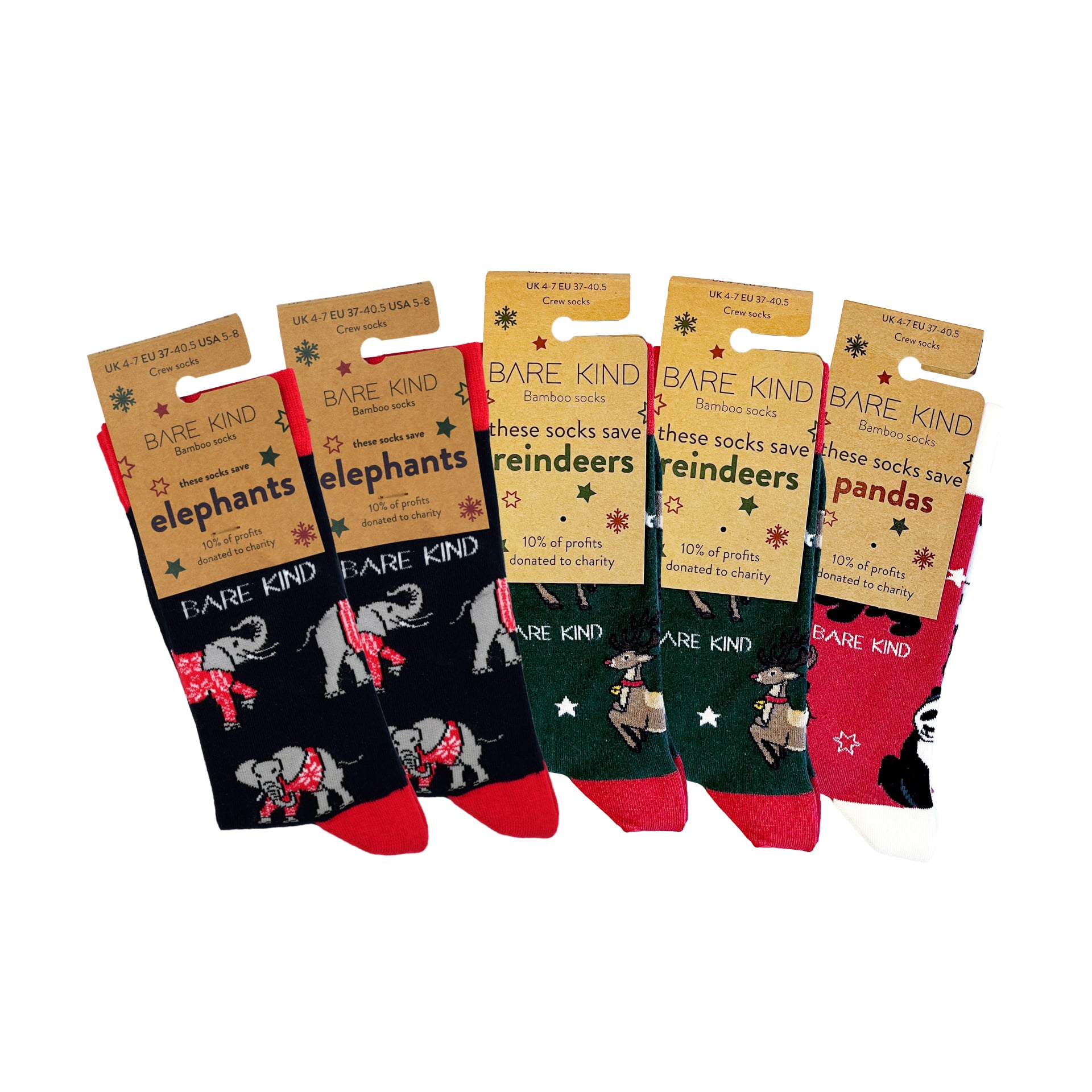 packaging flat lays of 2 Christmas elephant, 2 Christmas reindeer and 1 Christmas panda bamboo socks