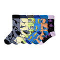 flat lays of grey orca, yellow shark, green seal, blue seahorse, orange ray, purple octopus bamboo socks