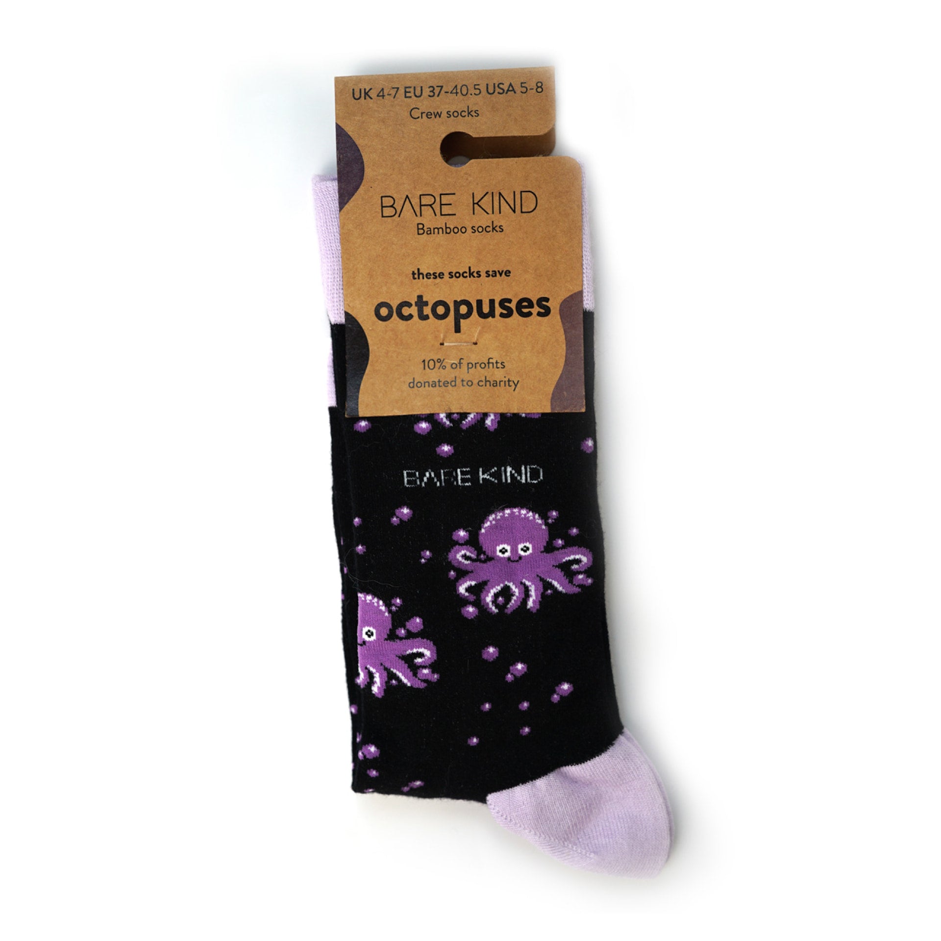 packaging flat lays of purple octopus bamboo socks