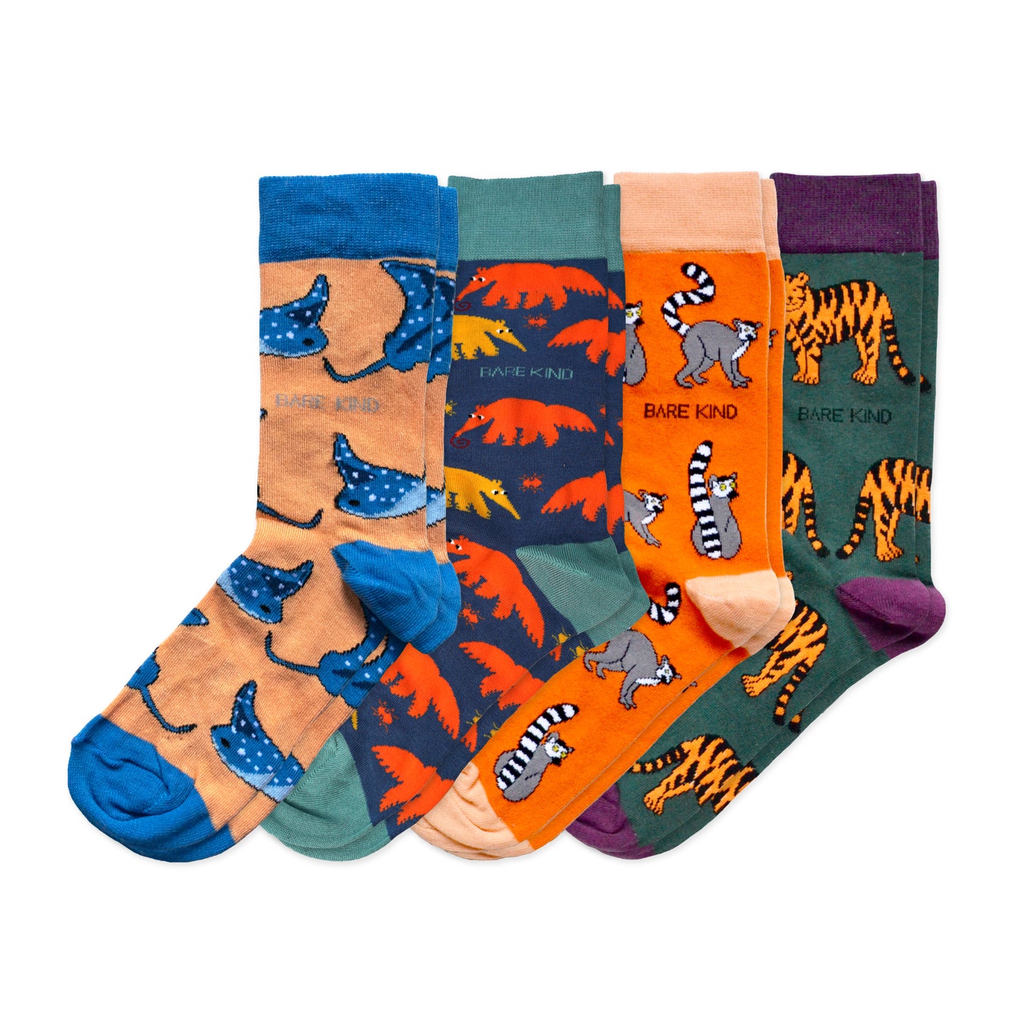 flat lays of orange rays, anteater, lemur and tiger bamboo socks