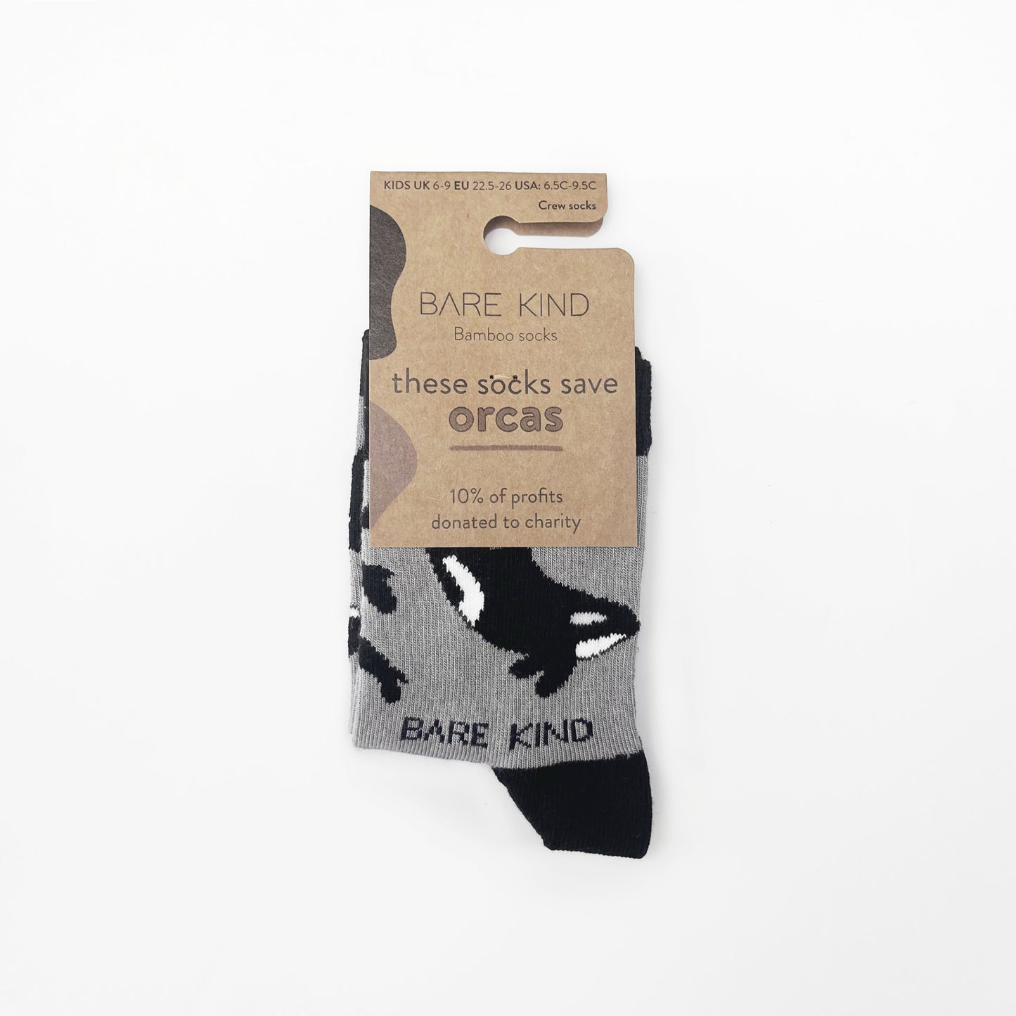 packaging of bamboo orca socks for kids