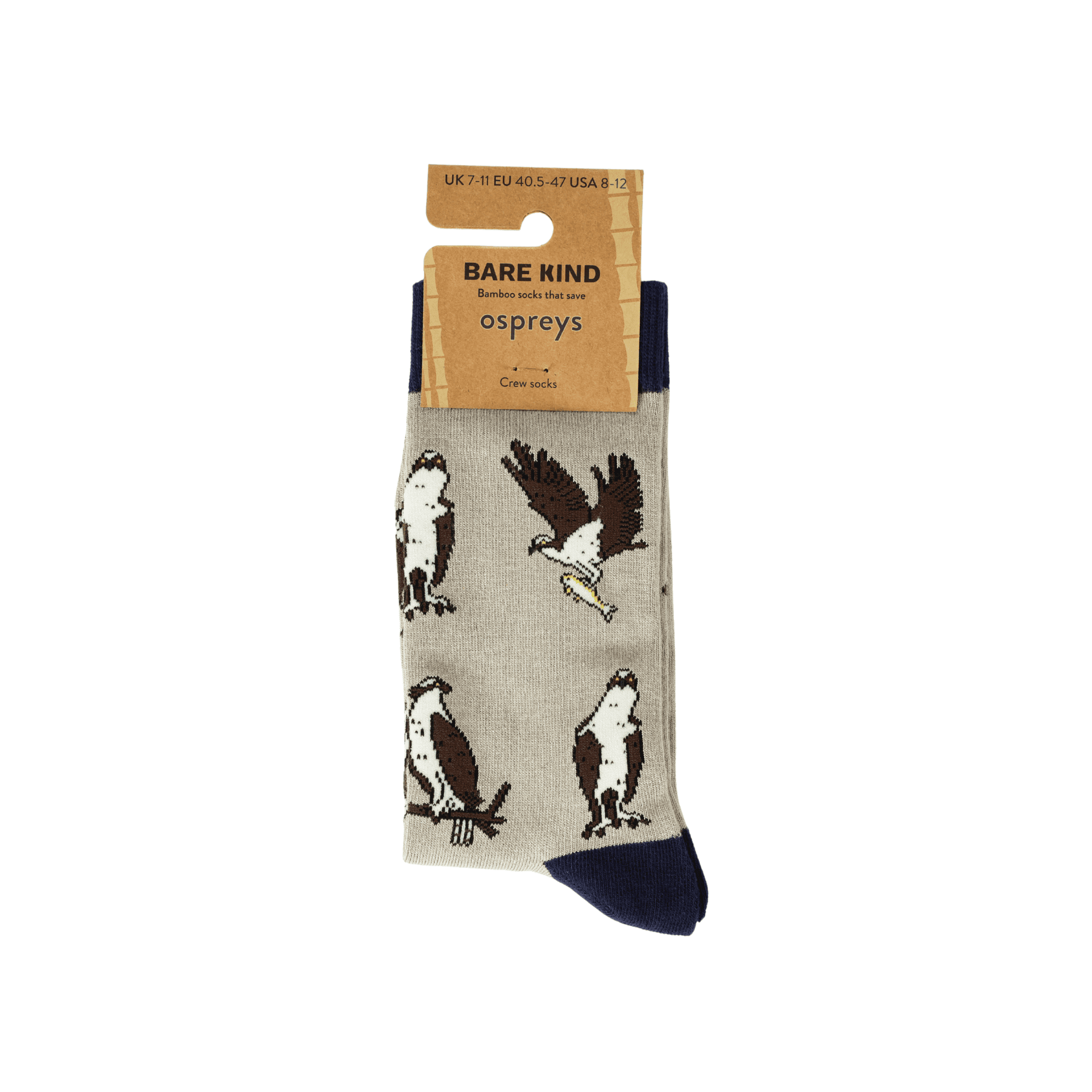 Sock with osprey design and 'Bare Kind' packaging on a white background