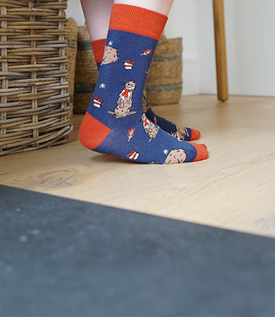 Person wearing blue christmas otter socks with red accents